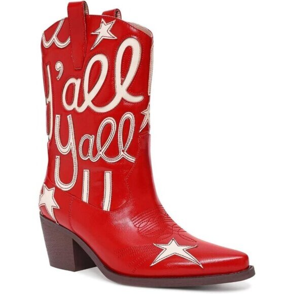 ⭐ Metallic Cowboy Boots for Women - Embroidered Mid Calf Western Cowgirl Boots - Picture 1 of 7